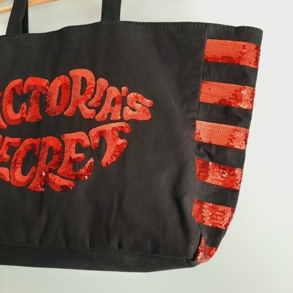 VICTORIA SECRET Canvas Red Sequin Lips Weekender Travel Shopper Tote Bag Black - Picture 3 of 13